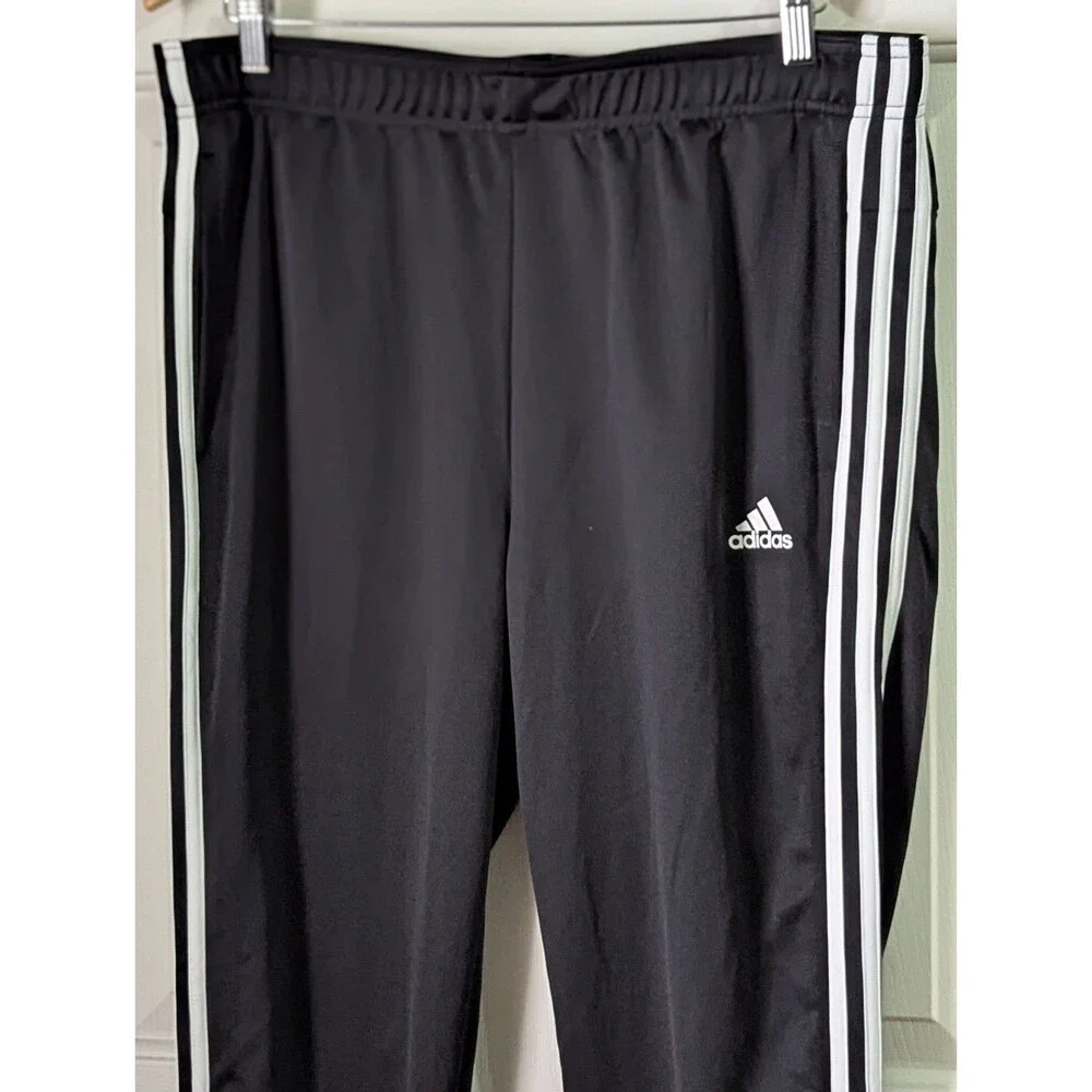 adidas Track Pants Mens XL Black Three Stripe Logo Joggers Drawstring Zip Legs